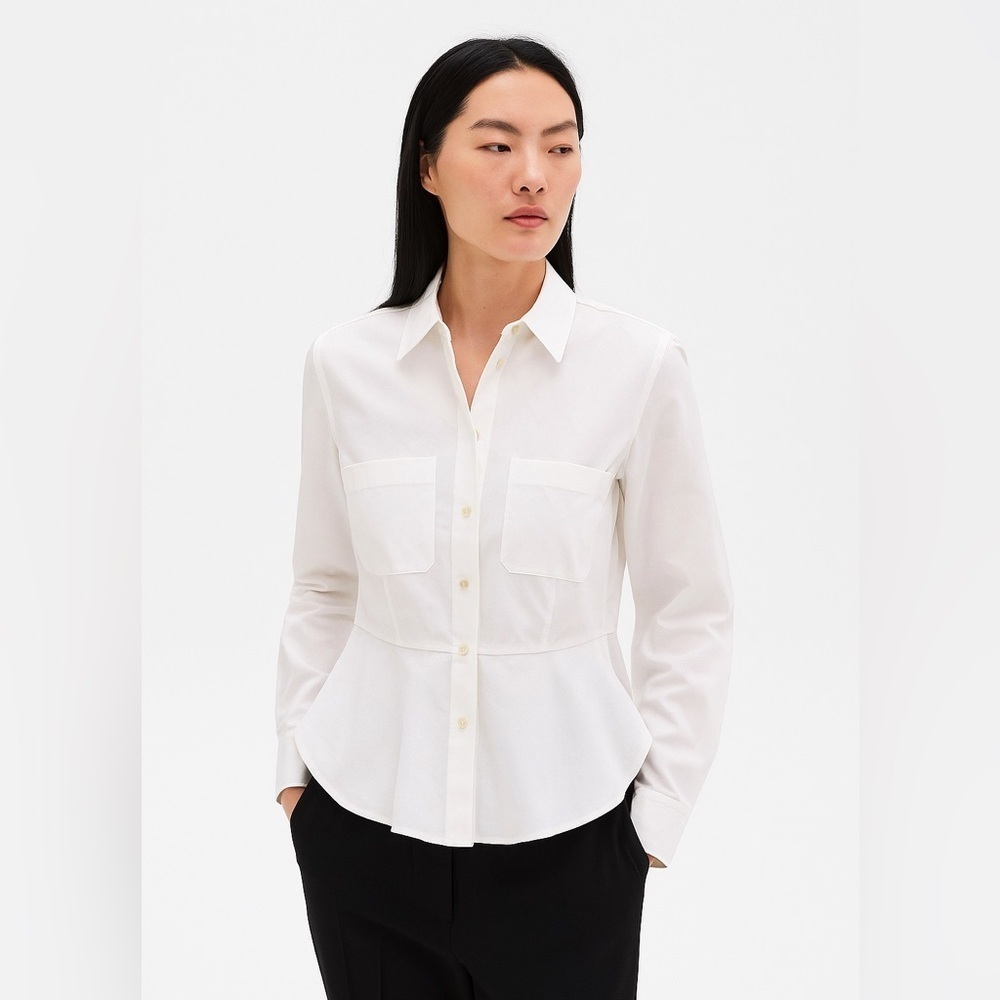 Theory Emita Crisp White Peplum Shirt Cotton Long Sleeve Excellent Size S